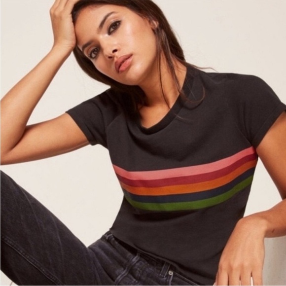 Reformation "70s Tee" Retro Rainbow Stripe Black
Short Sleeve Shirt. - Picture 2 of 8